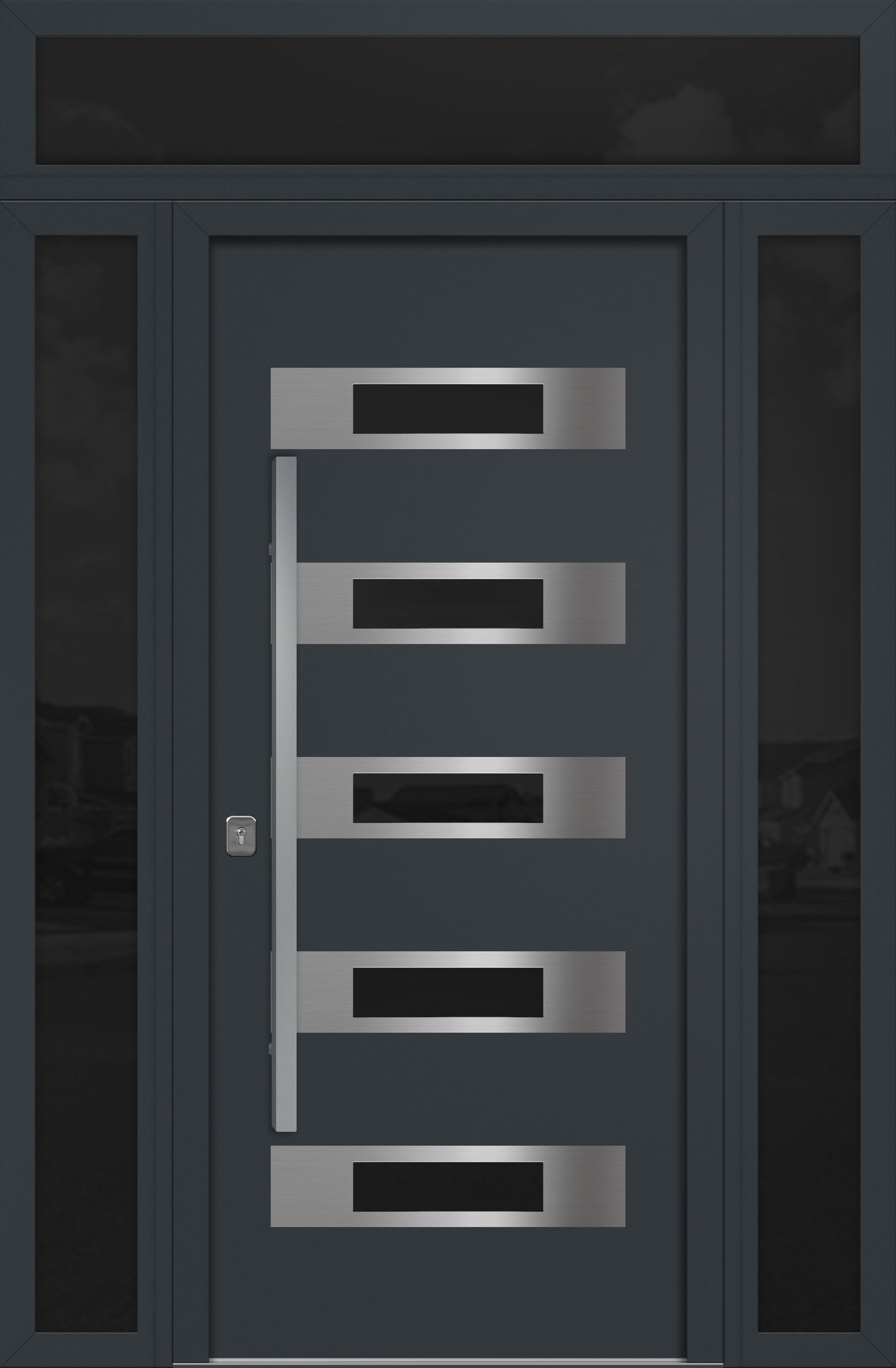 Nova Inox S5 Modern Exterior Single Door 36x80 with 2 Sidelight and Transom - Unit 62x95 1/2 - Gray - Doors and Beyond