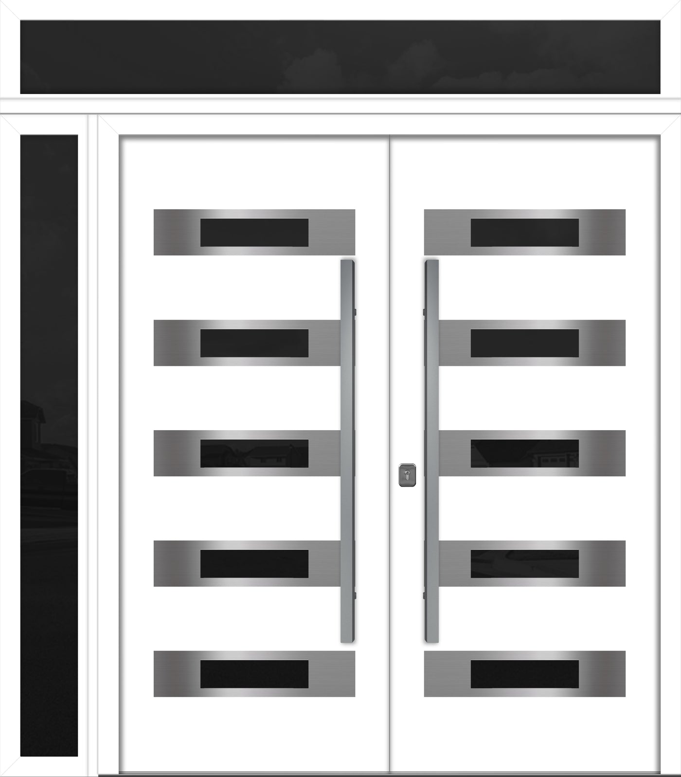 Nova Inox S5 Modern Exterior Double Door 72x80 W/ (1) 12" Sidelight and Transom - Unit 86x95 3/8 - White - Doors and Beyond