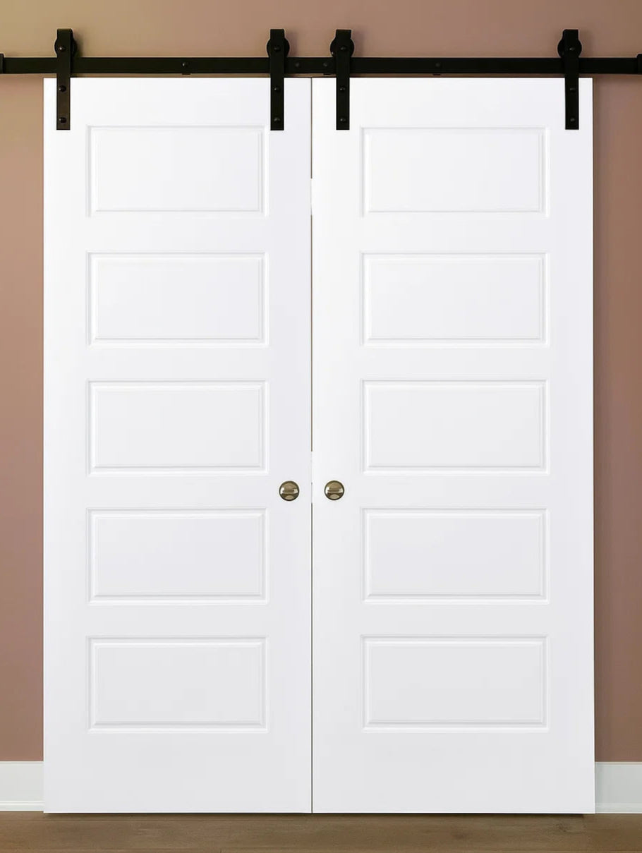 Nova 5 Panel Soft White Laminated Modern Double Barn Door - Doors and Beyond