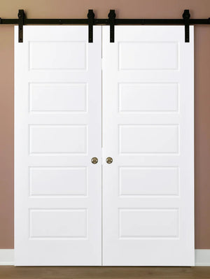 Nova 5 Panel Soft White Laminated Modern Double Barn Door - Doors and Beyond