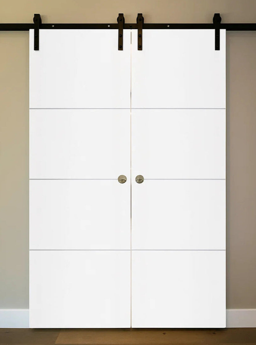 Nova Glam Pro 009 Soft White Laminated Modern Double Barn Door - Doors and Beyond