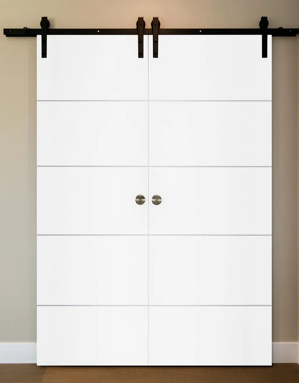 Nova Glam Pro 010 Soft White Laminated Modern Double Barn Door - Doors and Beyond