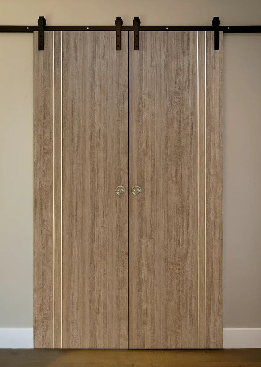 Nova HG002VR Dark Aloe Wood Laminated Modern Double Barn Door - Doors and Beyond