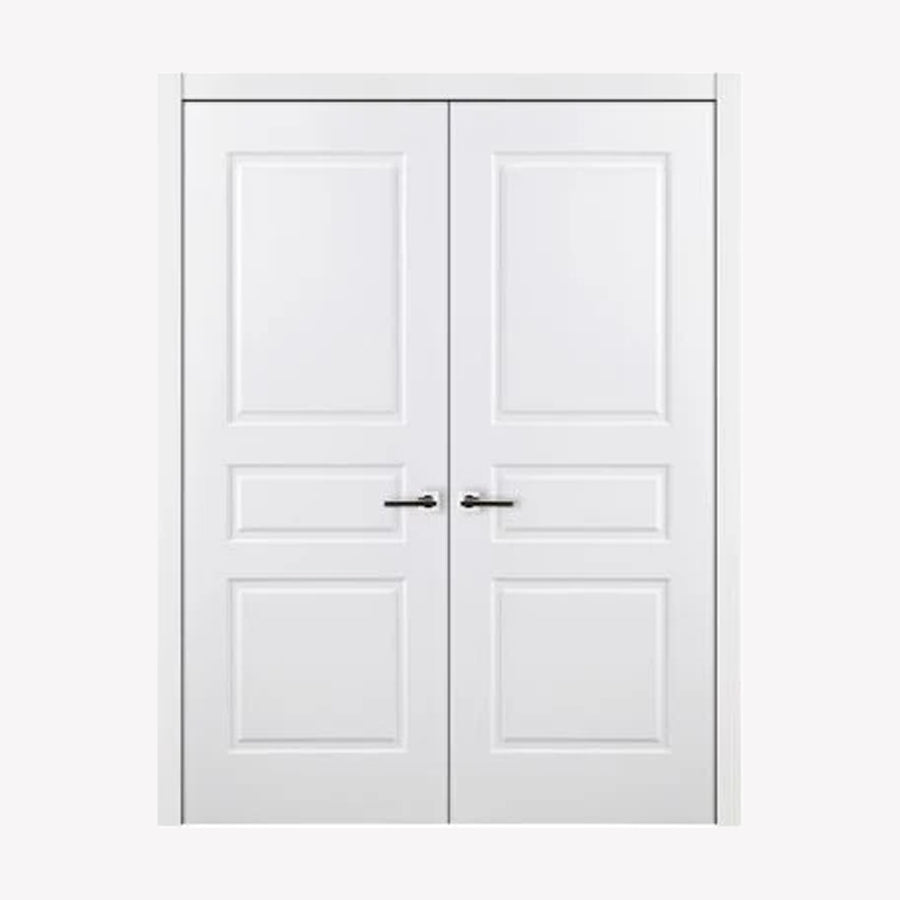 Nova 3 Panel Soft White Laminated Modern Double Pre-Hung Door - Doors and Beyond