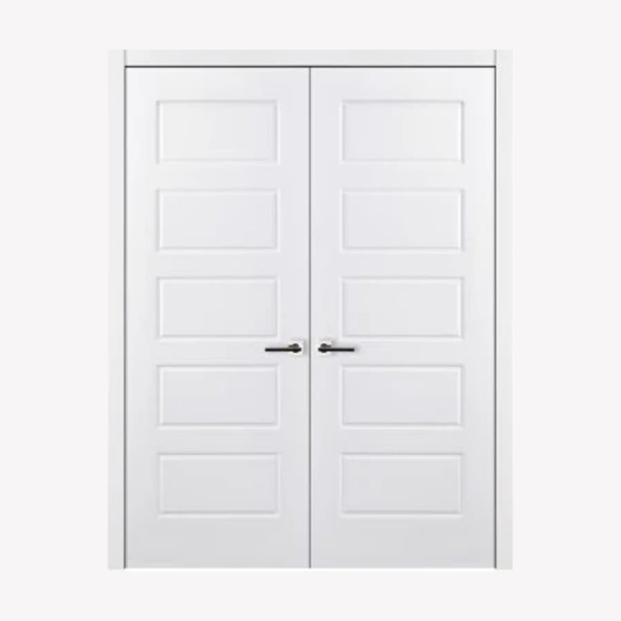 Nova 5 Panel Soft White Laminated Modern Double Pre-Hung Door - Doors and Beyond