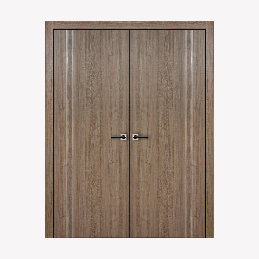 Nova HG002VR Dark Aloe Wood Laminated Modern Double Pre-Hung Door - Doors and Beyond