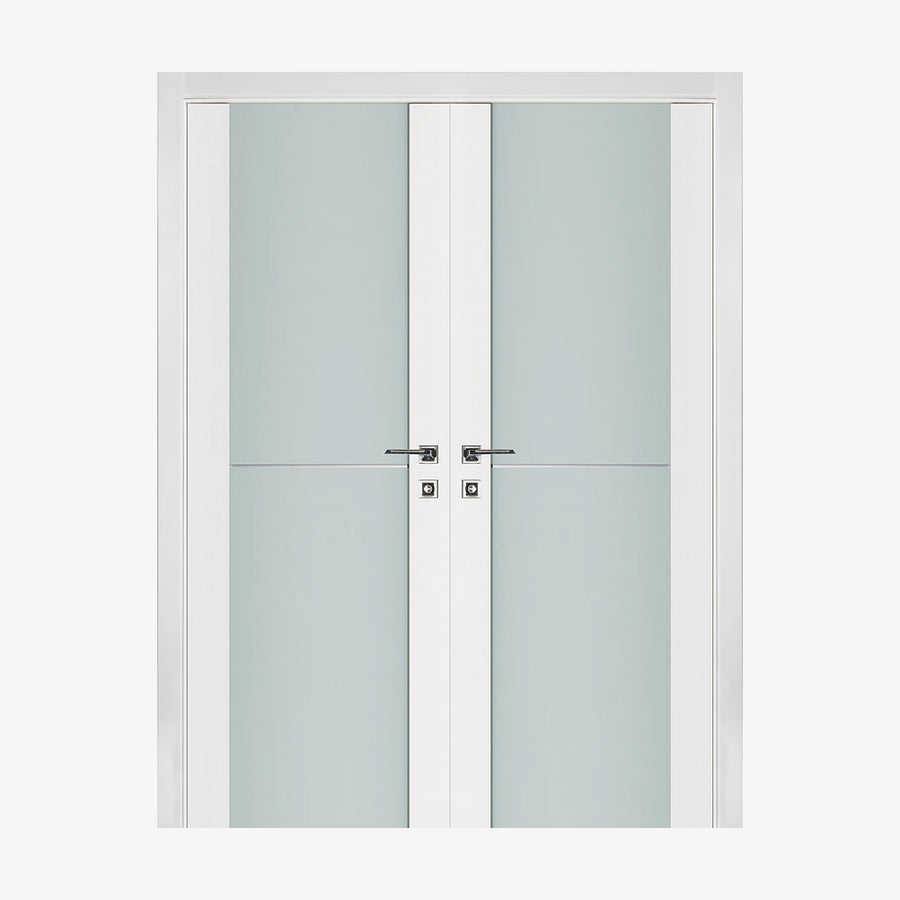 Nova Triplex 002 Soft White Laminated Modern Double Pre-Hung Door - Doors and Beyond