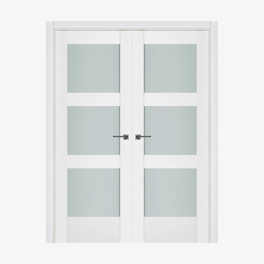 Nova Triplex 058 Soft White Laminated Modern Double Pre-Hung Door - Doors and Beyond