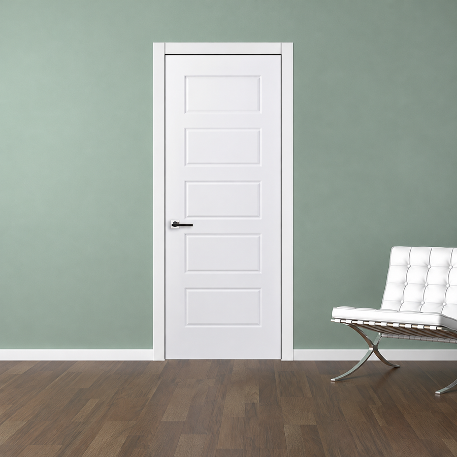 Nova 5 Panel Soft White Laminated Modern Pre-Hung Door - Doors and Beyond