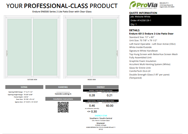 ProVia Endure 2-Lite Patio Door 72x80 White/White Double Pane Low-E W Argon Gas - Doors and Beyond