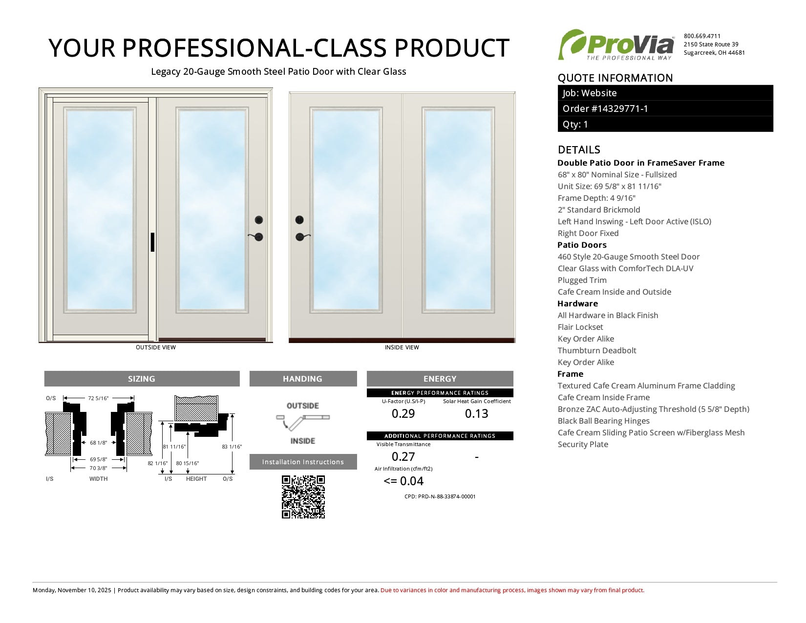 Provia Legacy Steel 20ga Patio Double Door - Cafe Cream Finish