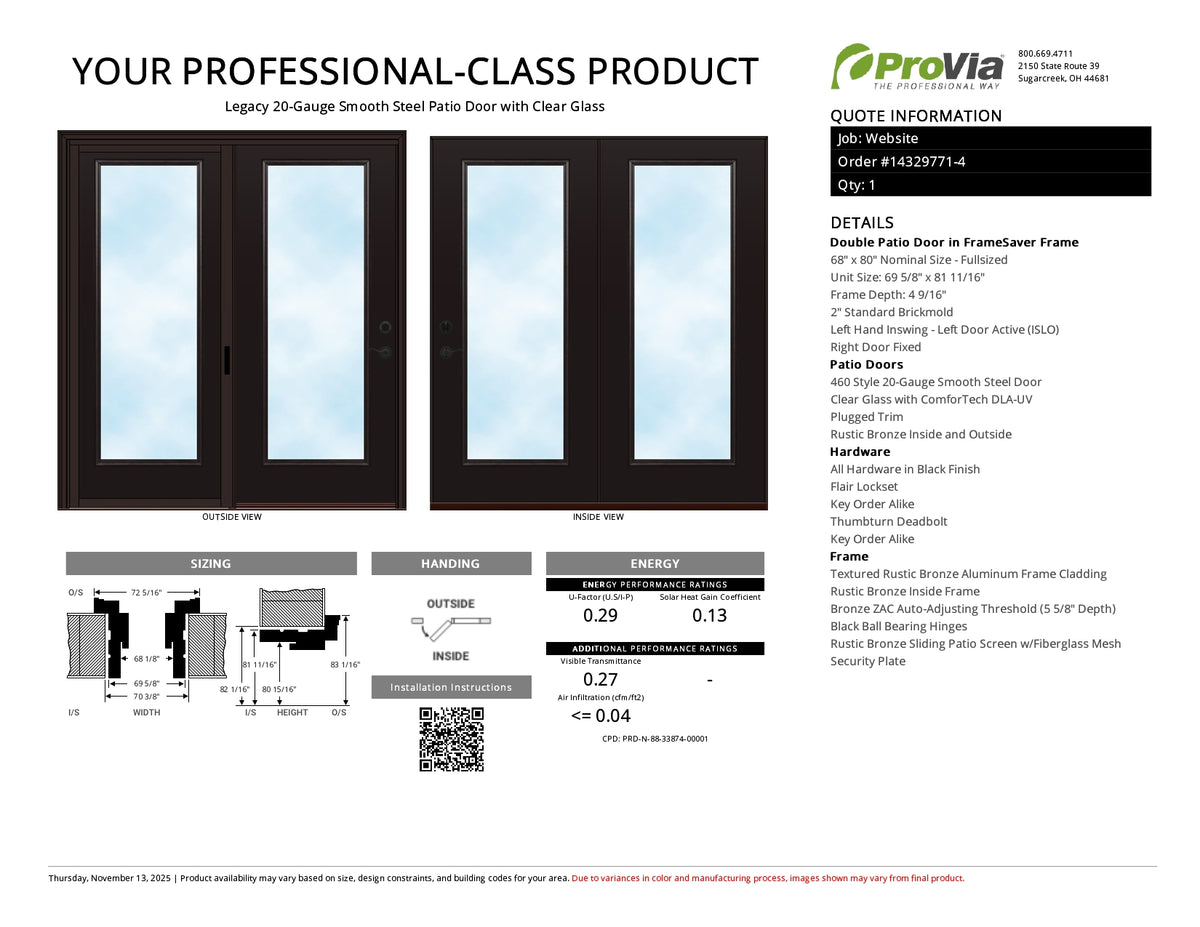 ProVia Legacy Steel 20GA Heavy Duty Patio Double Door Fullsized 68x80 Rustic Bronze/Rustic Bronze Double Pane Low-E W Argon Gas - Doors and Beyond