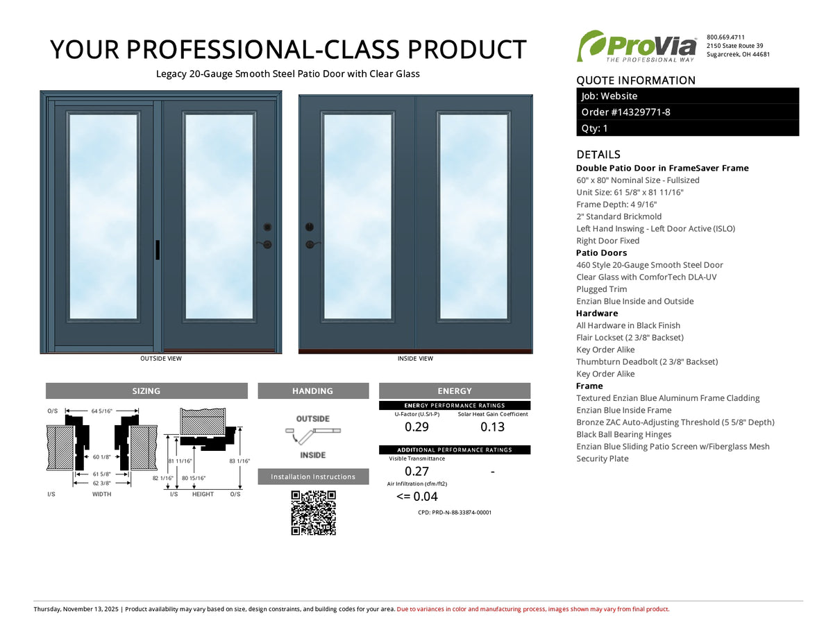 ProVia Legacy Steel 20GA Heavy Duty Patio Double Door Fullsized 60x80 Enzian Blue/Enzian Blue Double Pane Low-E W Argon Gas - Doors and Beyond