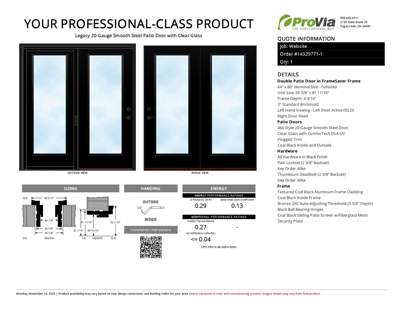 ProVia Legacy Steel 20GA Heavy Duty Patio Double Door Fullsized 64x80 Black/Black Double Pane Low-E W Argon Gas - Doors and Beyond