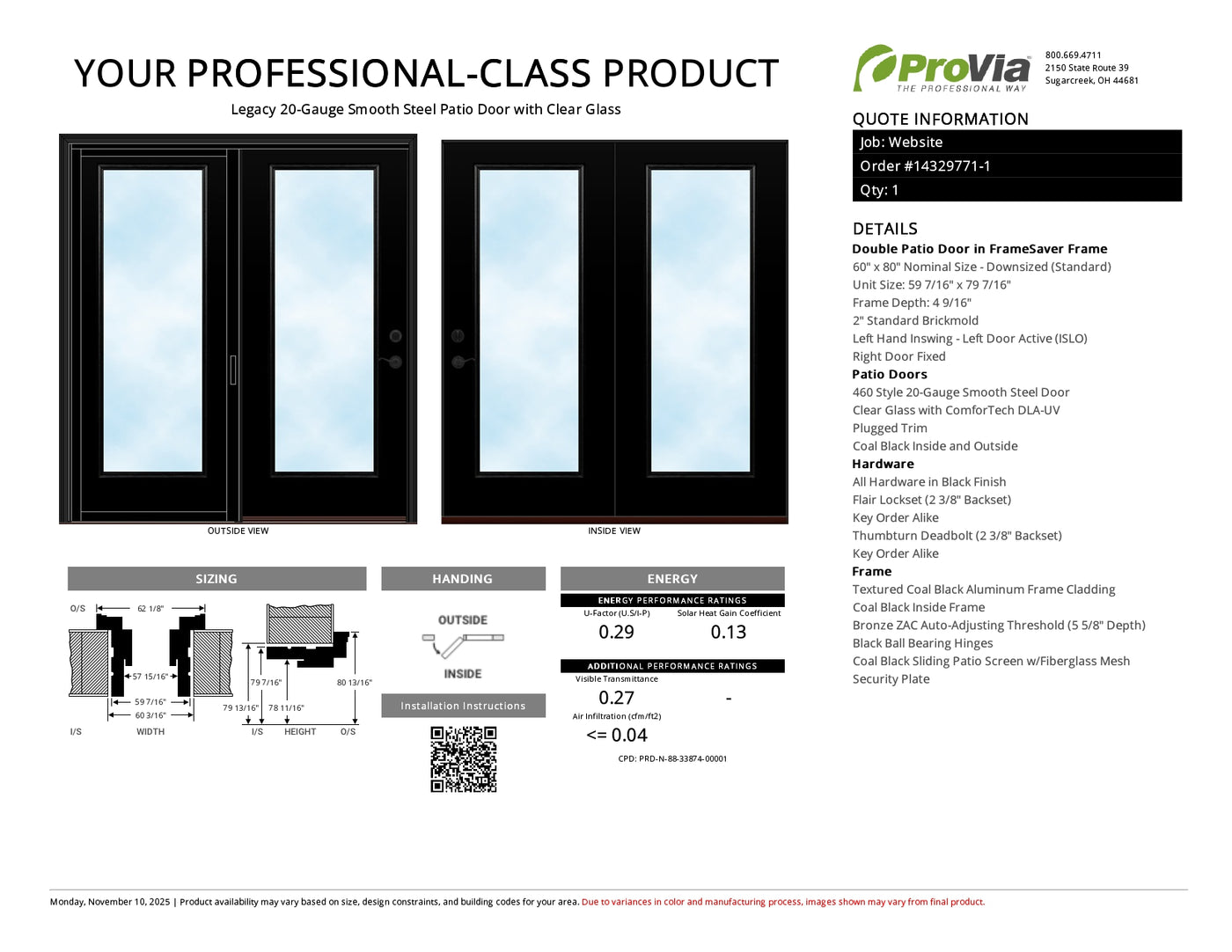 ProVia Legacy Steel 20GA Heavy Duty Patio Double Door Downsized 60x80 Black/Black Double Pane Low-E W Argon Gas - Doors and Beyond