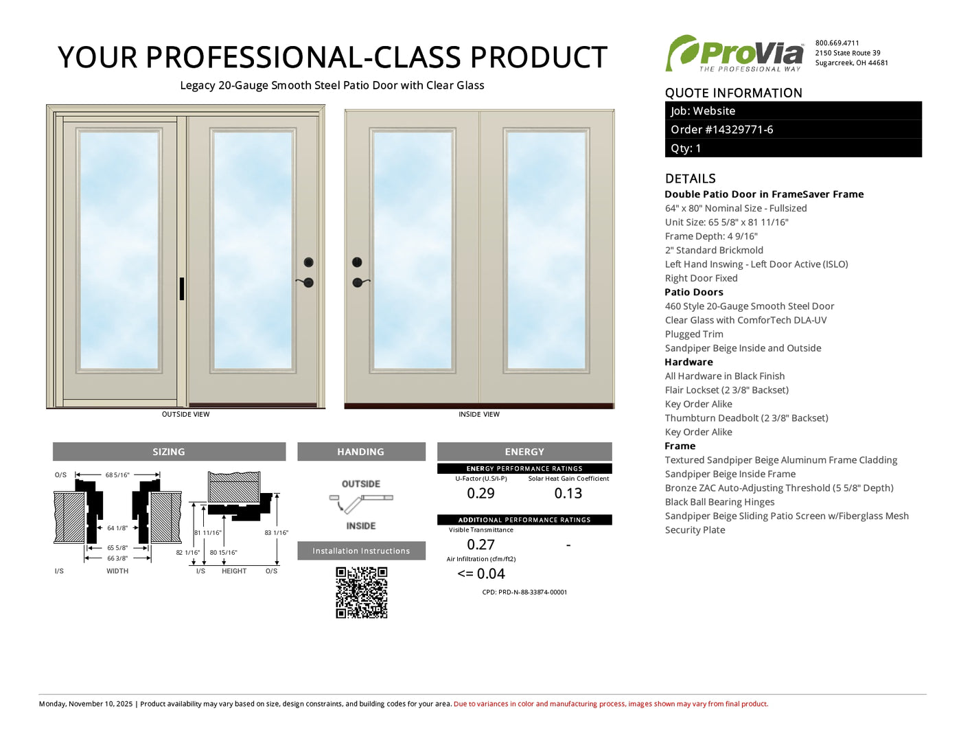ProVia Legacy Steel 20GA Heavy Duty Patio Double Door Fullsized 64x80 Sandpiper Beige/Sandpiper Beige Double Pane Low-E W Argon Gas - Doors and Beyond
