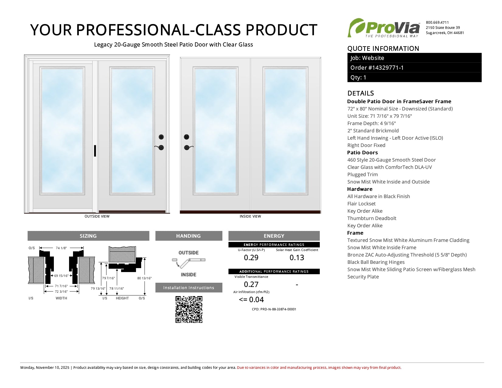 Heavy Duty 72x80 White Patio Double Door - ProVia Legacy Steel