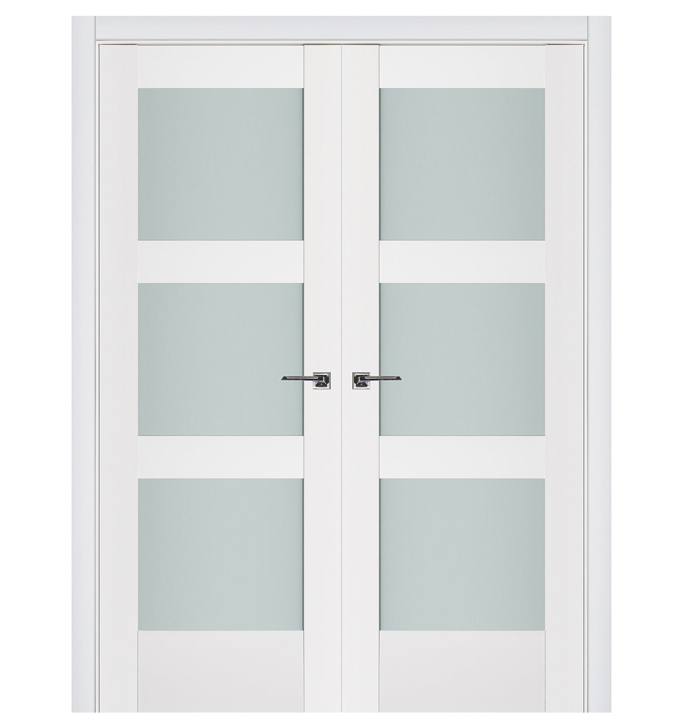 Nova Triplex 058 Soft White Laminated Modern Double Pre-Hung Door - Doors and Beyond