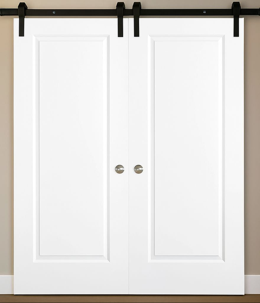 Nova 1 Panel Soft White Laminated Modern Double Barn Door - Doors and Beyond