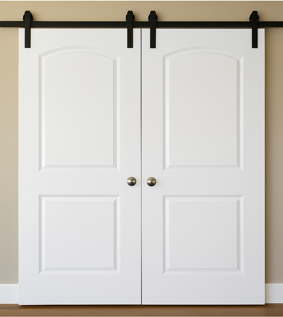 Nova 2 Panel Arch Soft White Laminated Modern Double Barn Door - Doors and Beyond