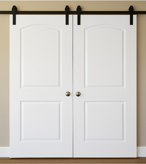 Nova 2 Panel Arch Soft White Laminated Modern Double Barn Door - Doors and Beyond