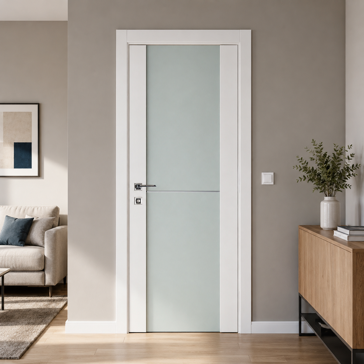 Nova Triplex 002 Soft White Laminated Modern Pre-Hung Door - Doors and Beyond