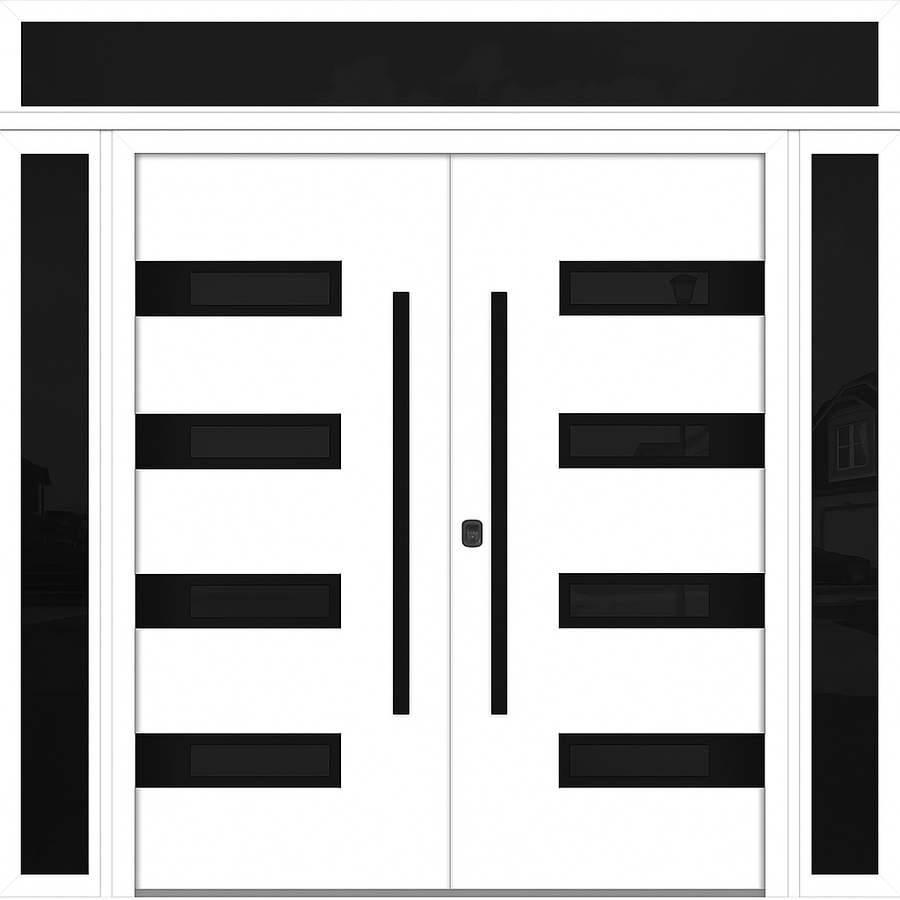 Nova Inox S4 Modern Exterior Double Door 72x80 W/ (2) 12" Sidelight and Transom - Unit 98x95 3/8 - Black Stainless - White - Doors and Beyond