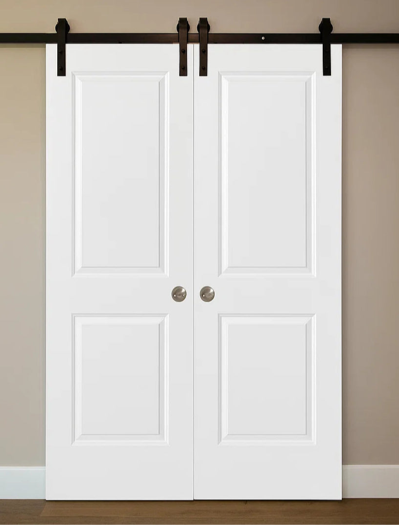 Nova 2 Panel Soft White Laminated Modern Double Barn Door - Doors and Beyond