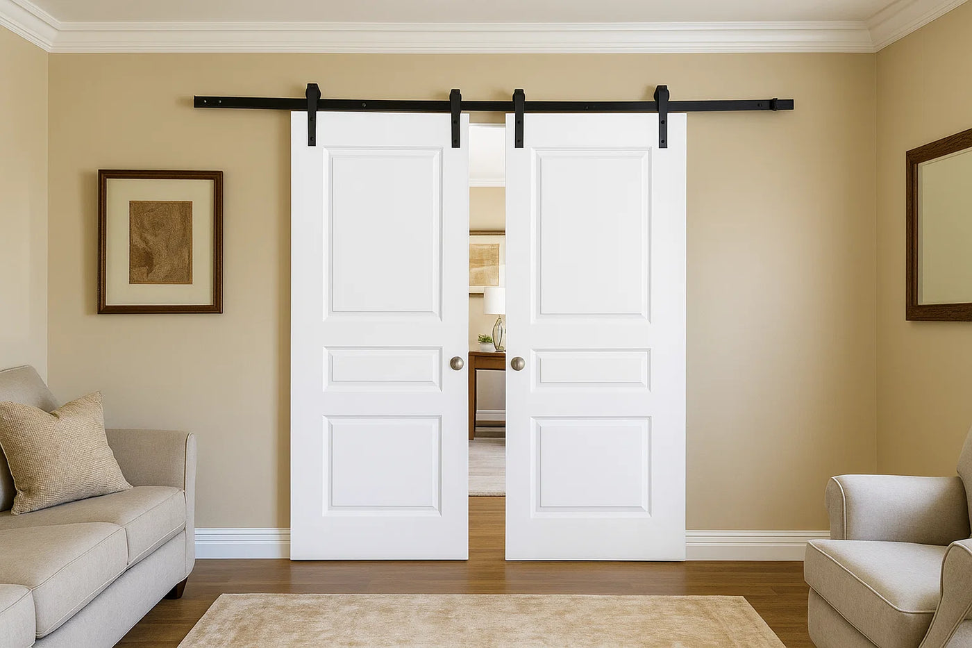 Nova 3 Panel Soft White Laminated Modern Double Barn Door - Doors and Beyond