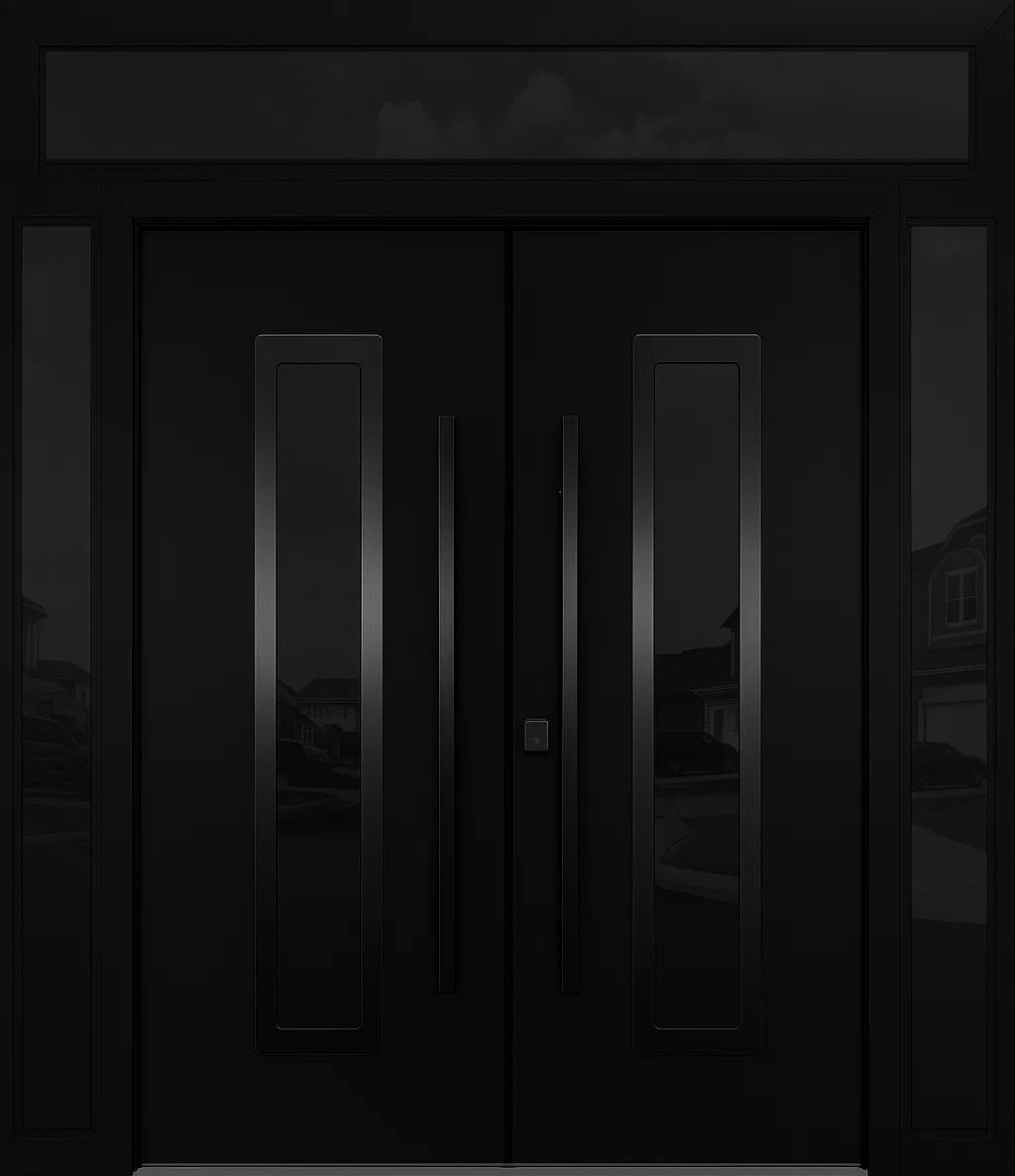 Nova Inox S1 Modern Exterior Double Door 72x80 W/ (2) 12" Sidelight and Transom - Unit 98x95 3/8 - Black Stainless - Black - Doors and Beyond