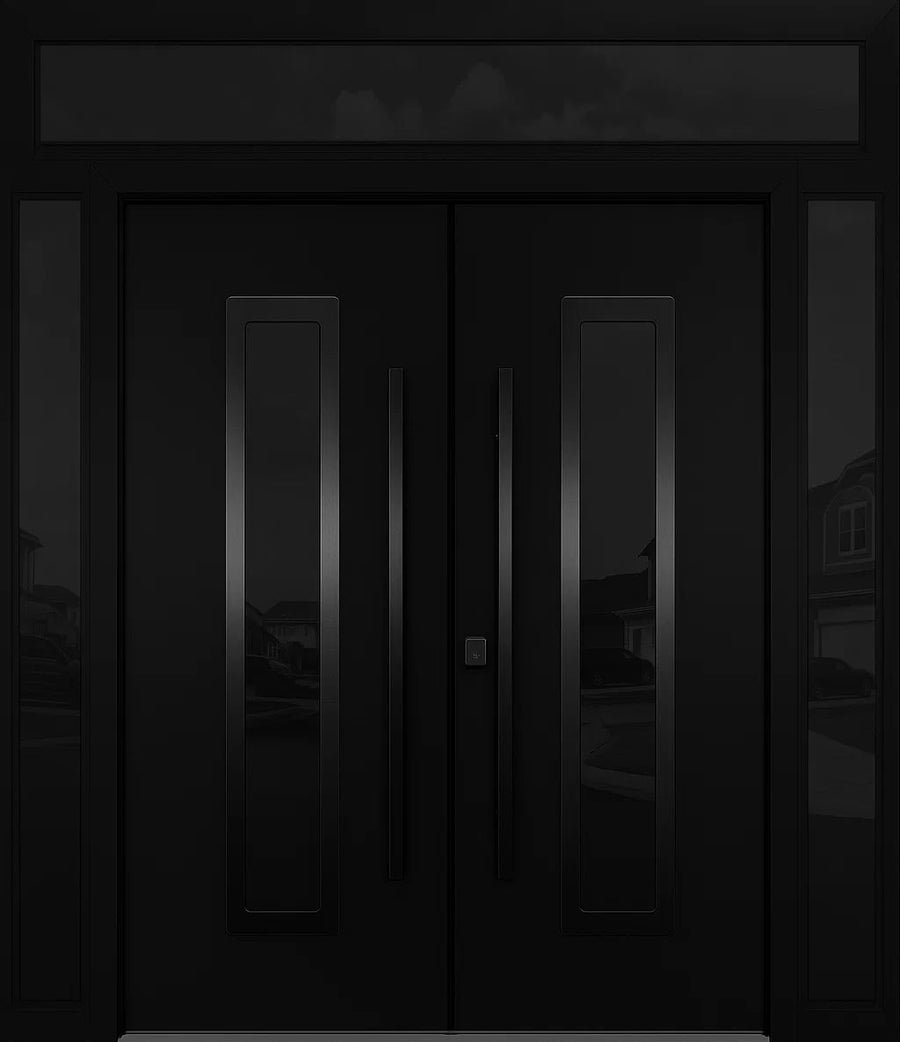 Nova Inox S1 Modern Exterior Double Door 72x80 W/ (2) 12" Sidelight and Transom - Unit 98x95 3/8 - Black Stainless - Black - Doors and Beyond