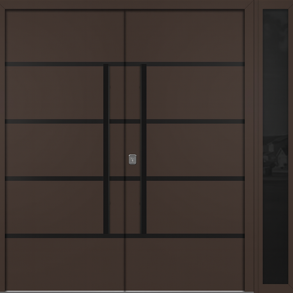 Nova Inox S3 Modern Exterior Double Door W/ (1) 12" Sidelight - Unit 86x81 3/8 - Black Stainless - Brown