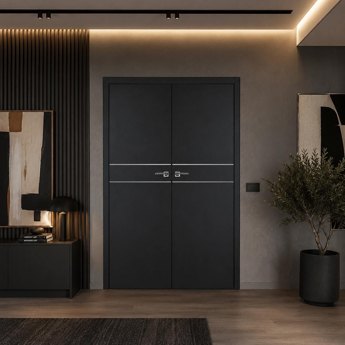 Nova Glam Pro 008 Soft Black Laminated Modern Double Pre-Hung Door - Doors and Beyond