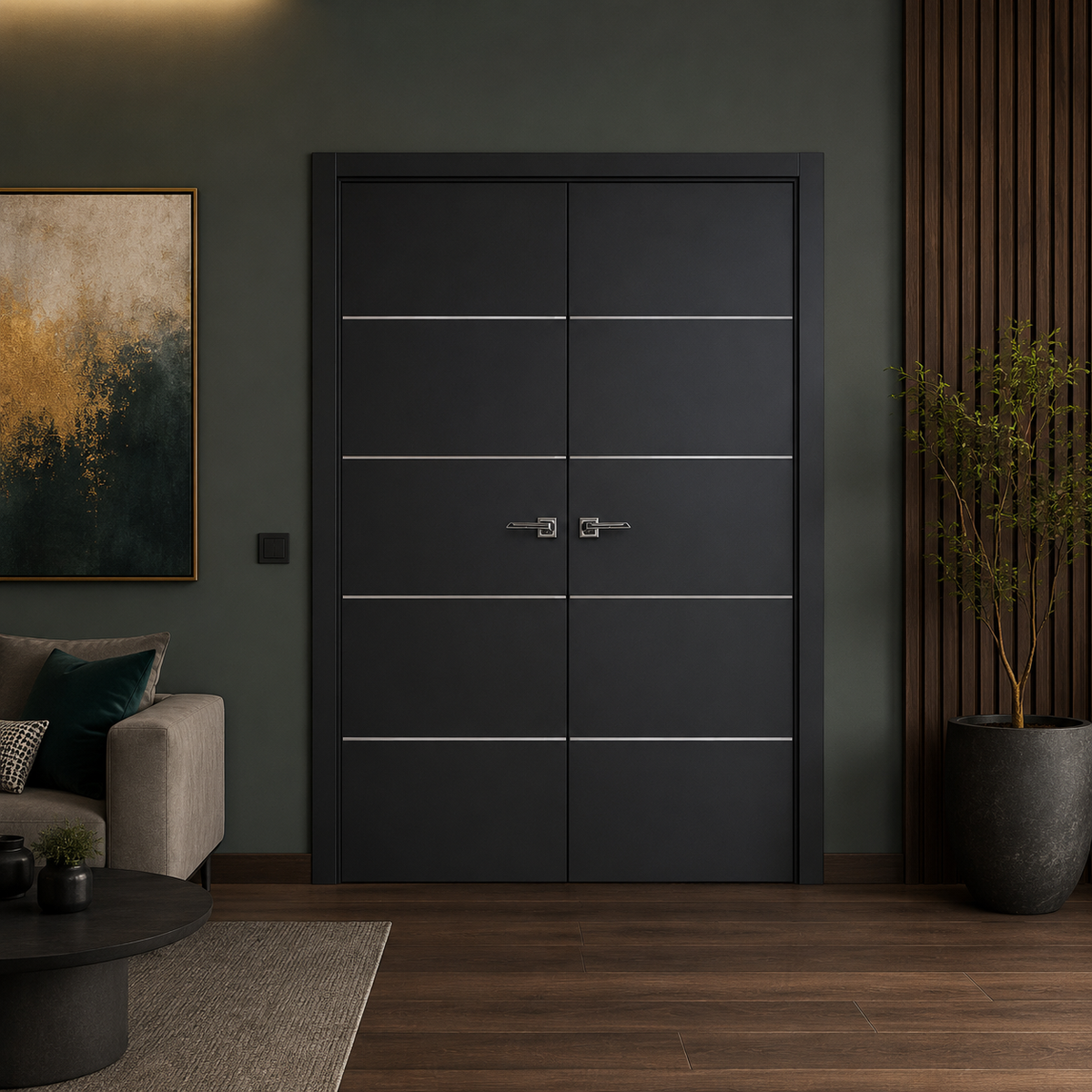 Nova Glam Pro 010 Soft Black Laminated Modern Double Pre-Hung Door - Doors and Beyond