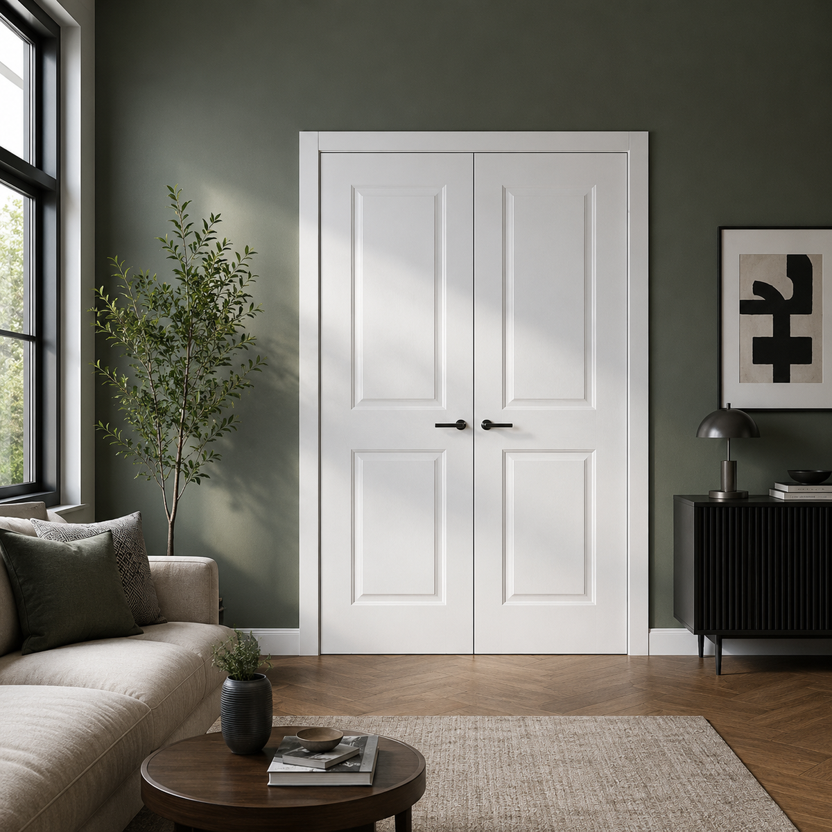 Nova 2 Panel Soft White Laminated Modern Double Pre-Hung Door - Doors and Beyond