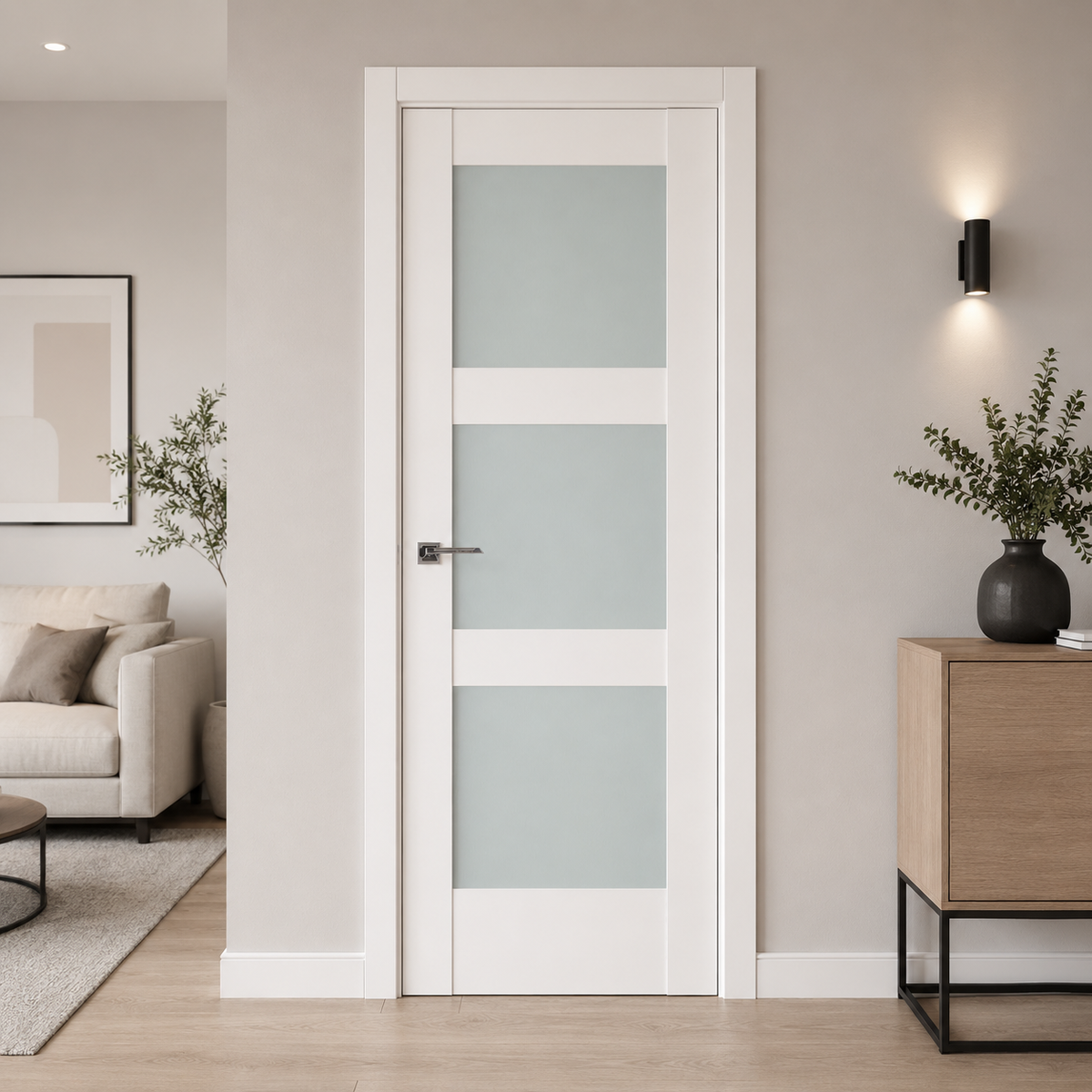 Nova Triplex 058 Soft White Laminated Modern Pre-Hung Door - Doors and Beyond