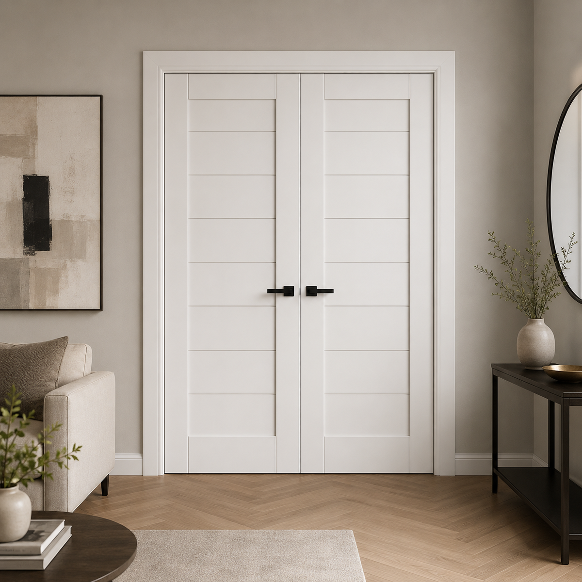 Nova Domino 02 Soft White Laminated Modern Double Pre-hung Door - Doors and Beyond