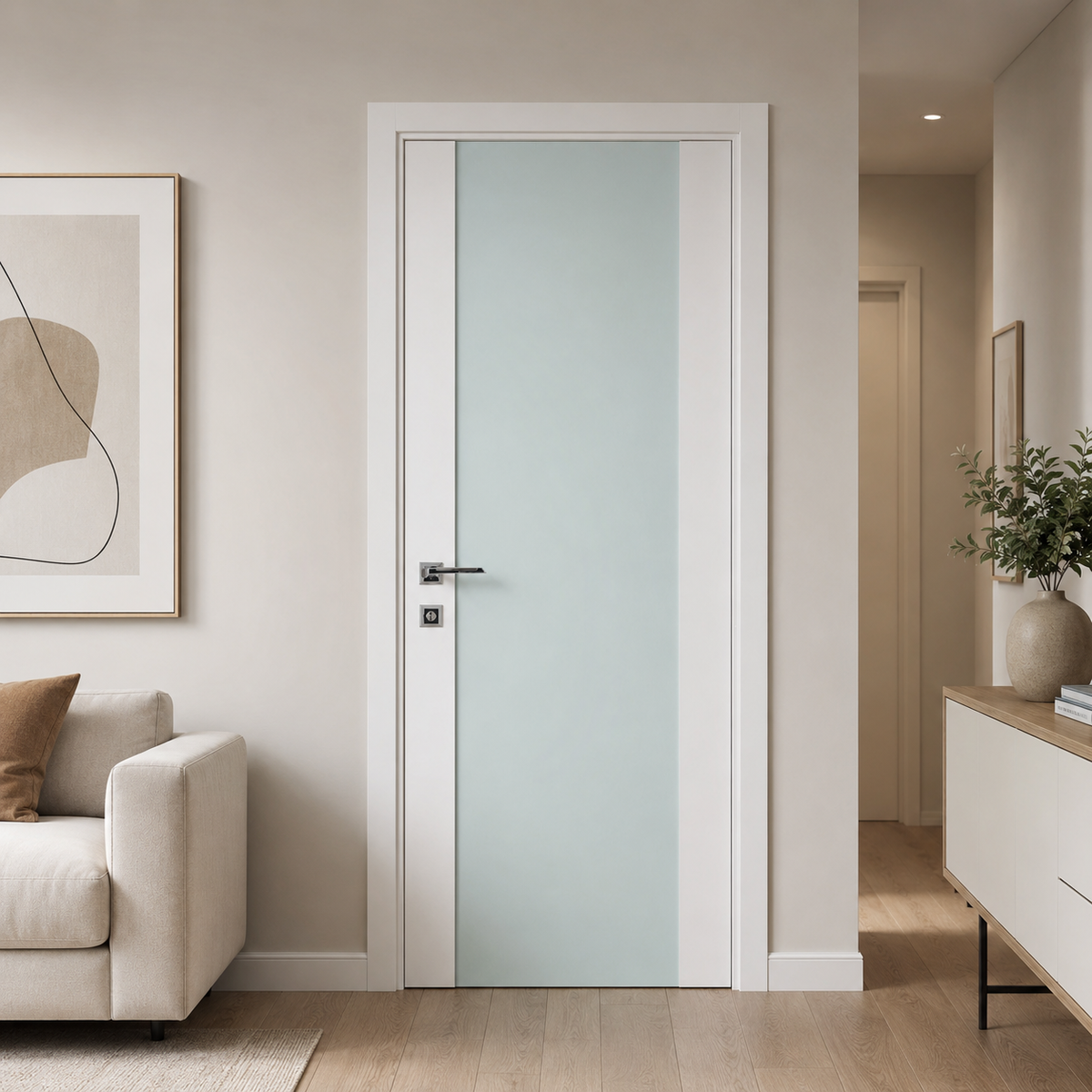 Nova Triplex 001 Soft White Laminated Modern Pre-Hung Door - Doors and Beyond