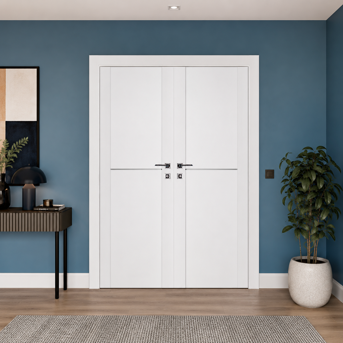 Nova Stile 002 Soft White Laminated Modern Double Pre-Hung Door - Doors and Beyond