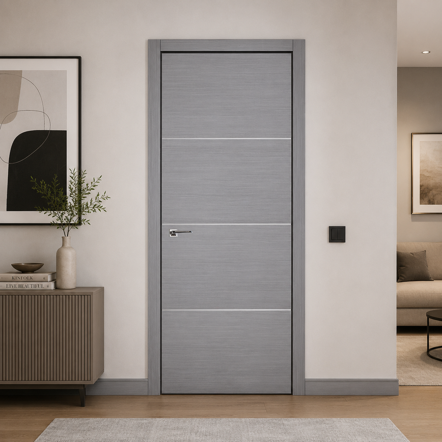 Nova HG008 Silver Wood Laminated Modern Single Pre-Hung Door - Doors and Beyond