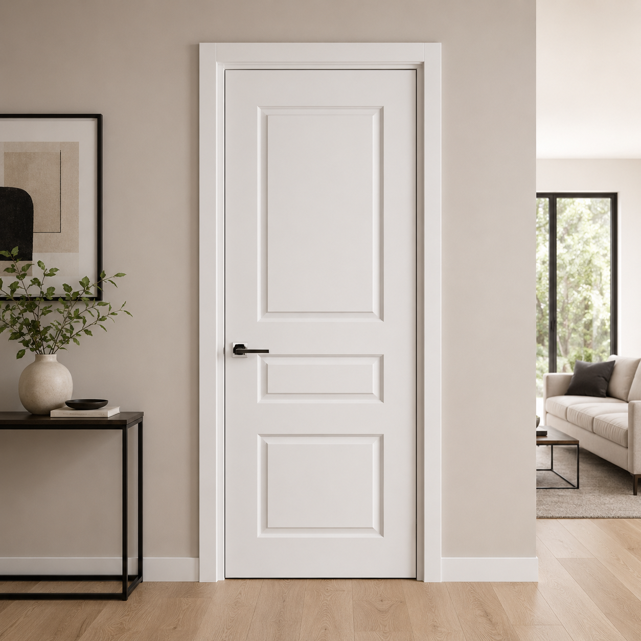 Nova 3 Panel Soft White Laminated Modern Pre-Hung Door - Doors and Beyond