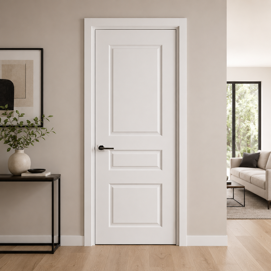 Nova 3 Panel Soft White Laminated Modern Pre-Hung Door - Doors and Beyond