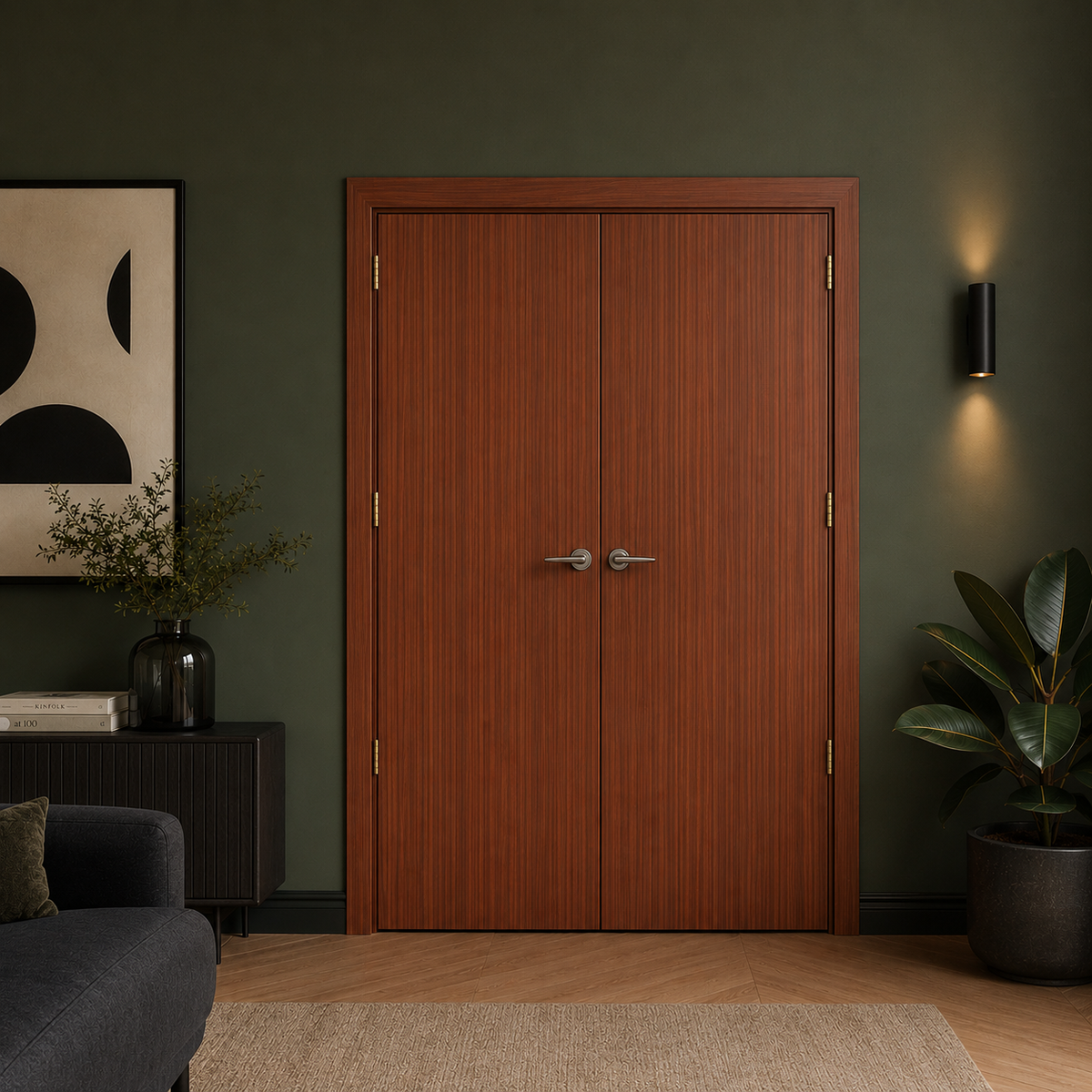 Nova M34 Sapele Laminated Modern Double Pre-Hung Door - Doors and Beyond