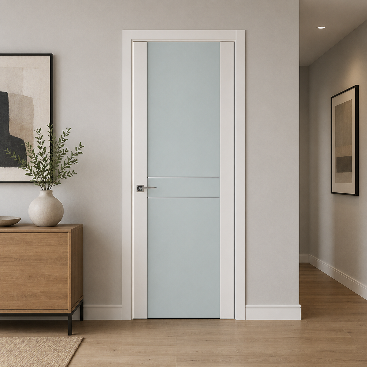 Nova Triplex 003 Soft White Laminated Modern Pre-Hung Door - Doors and Beyond
