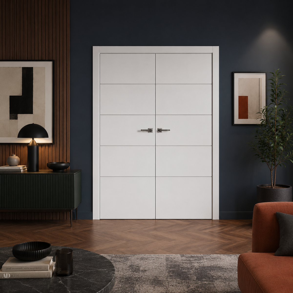 Nova Glam Pro 010 Soft White Laminated Modern Double Pre-Hung Door - Doors and Beyond