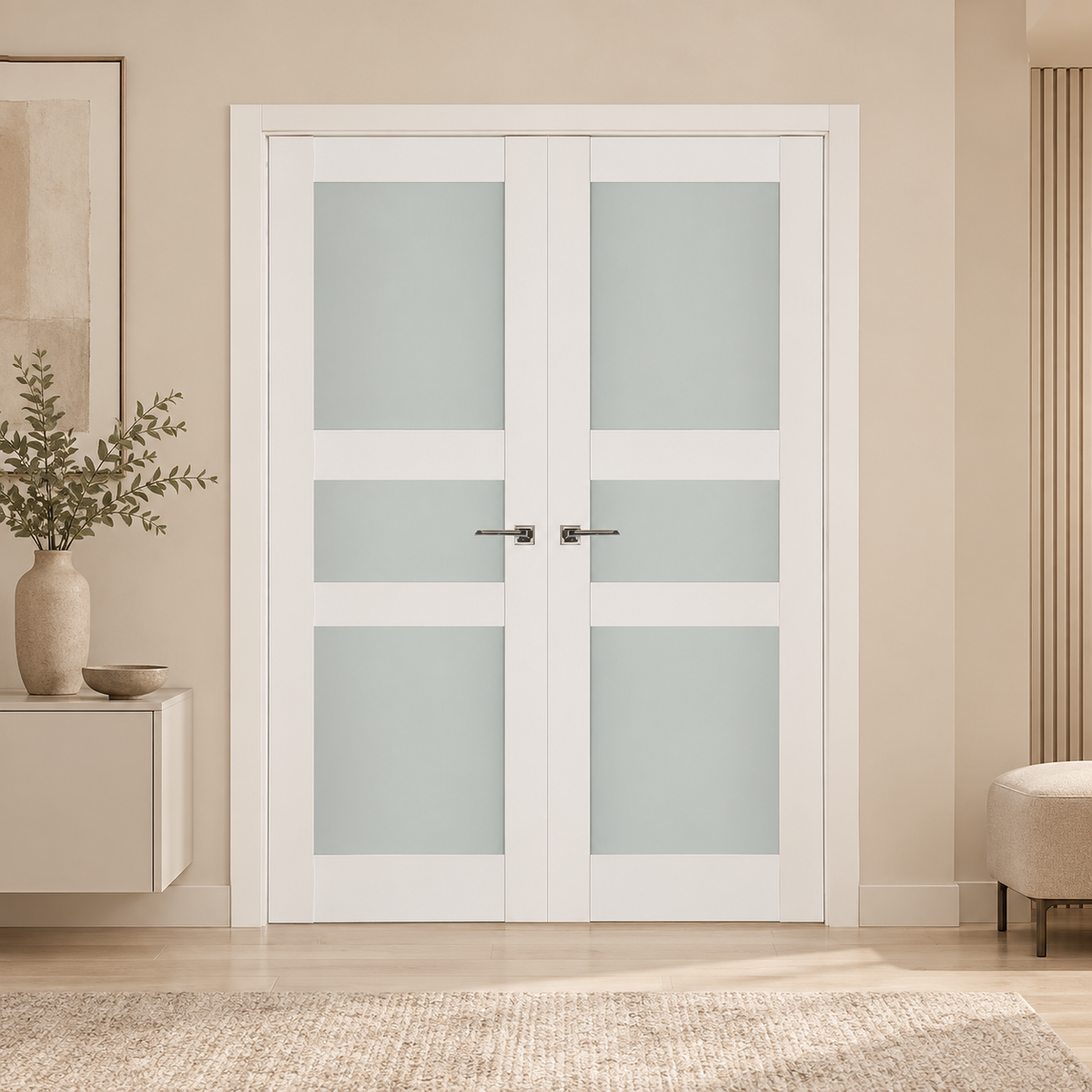 Nova Triplex 029 Soft White Laminated Modern Double Pre-Hung Door - Doors and Beyond