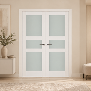 Nova Triplex 029 Soft White Laminated Modern Double Pre-Hung Door - Doors and Beyond