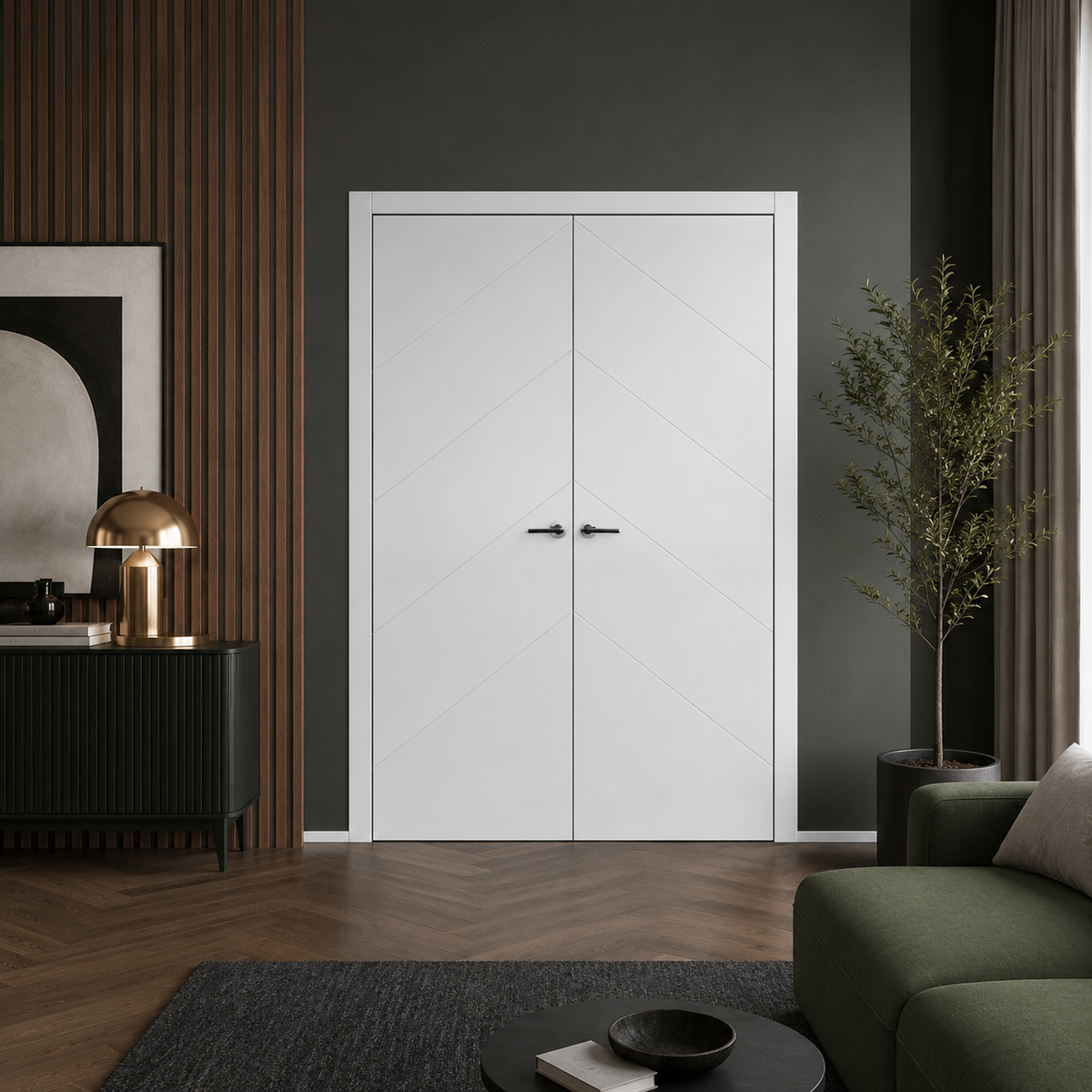 Nova Slant Soft White Laminated Modern Double Pre-Hung Door - Doors and Beyond