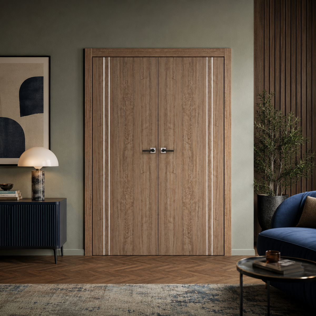 Nova HG002VR Dark Aloe Wood Laminated Modern Double Pre-Hung Door - Doors and Beyond