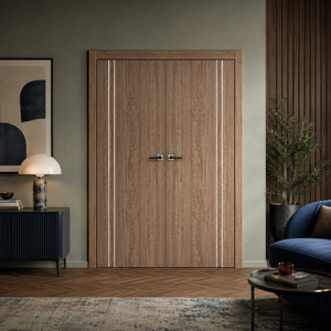 Nova HG002VR Dark Aloe Wood Laminated Modern Double Pre-Hung Door - Doors and Beyond